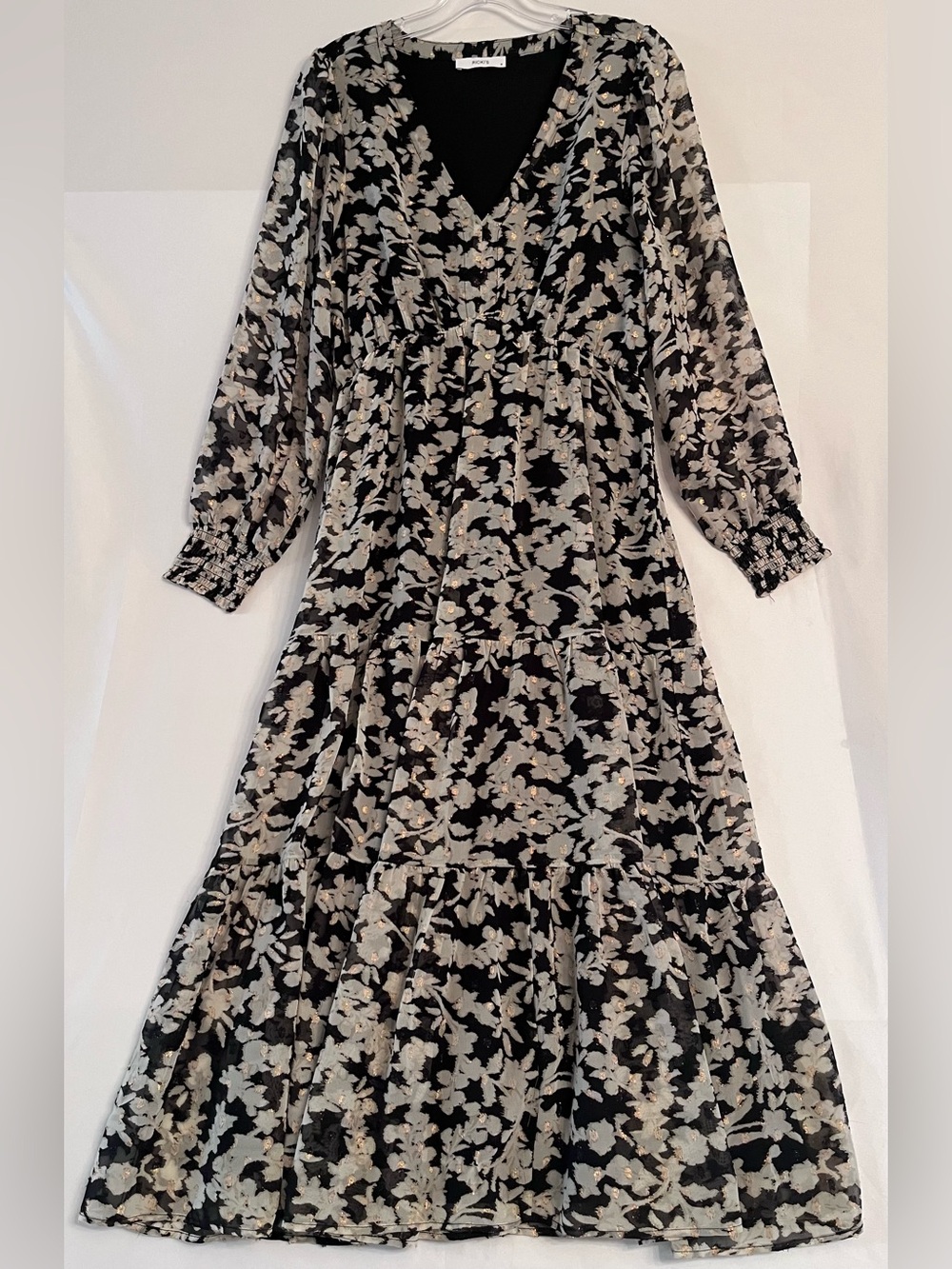 Ricki’s Metallic Gold Floral Whimsigoth Tiered Midi Dress M